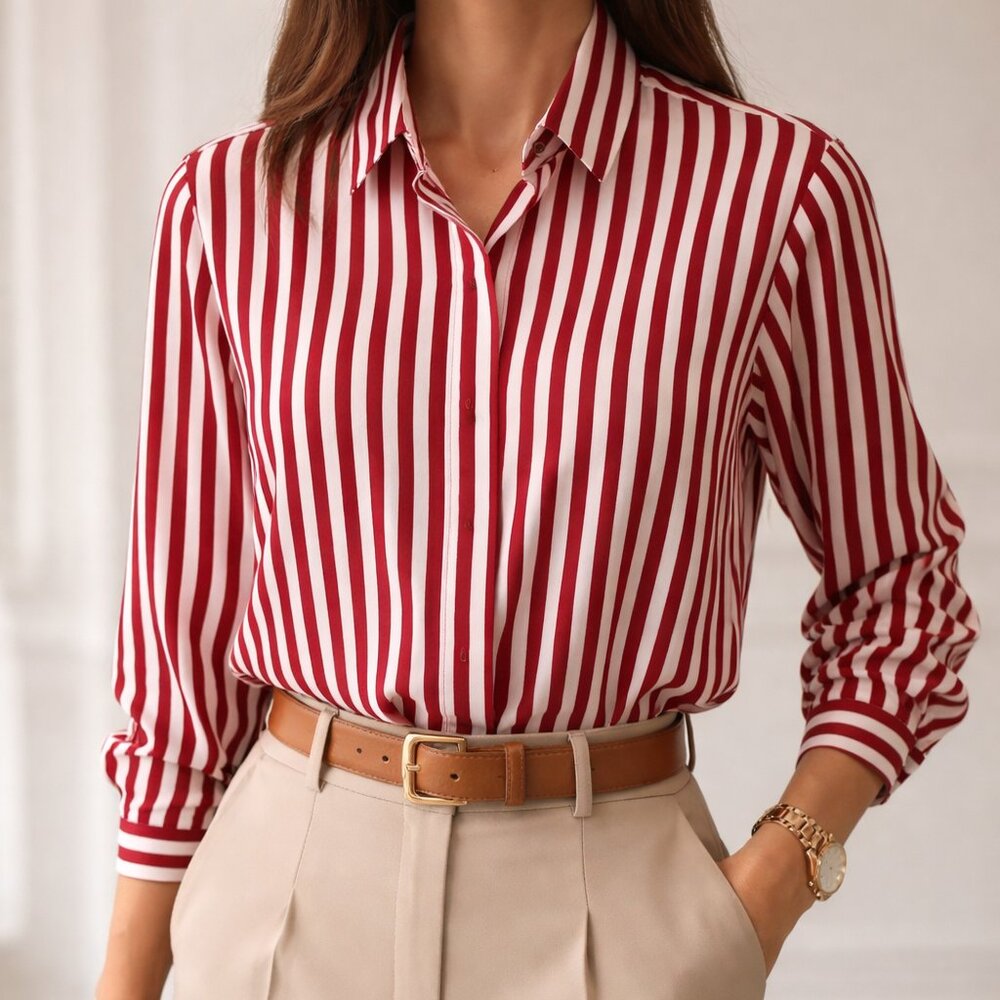 Yves St. Clair Red and White Striped Button-Up Blouse